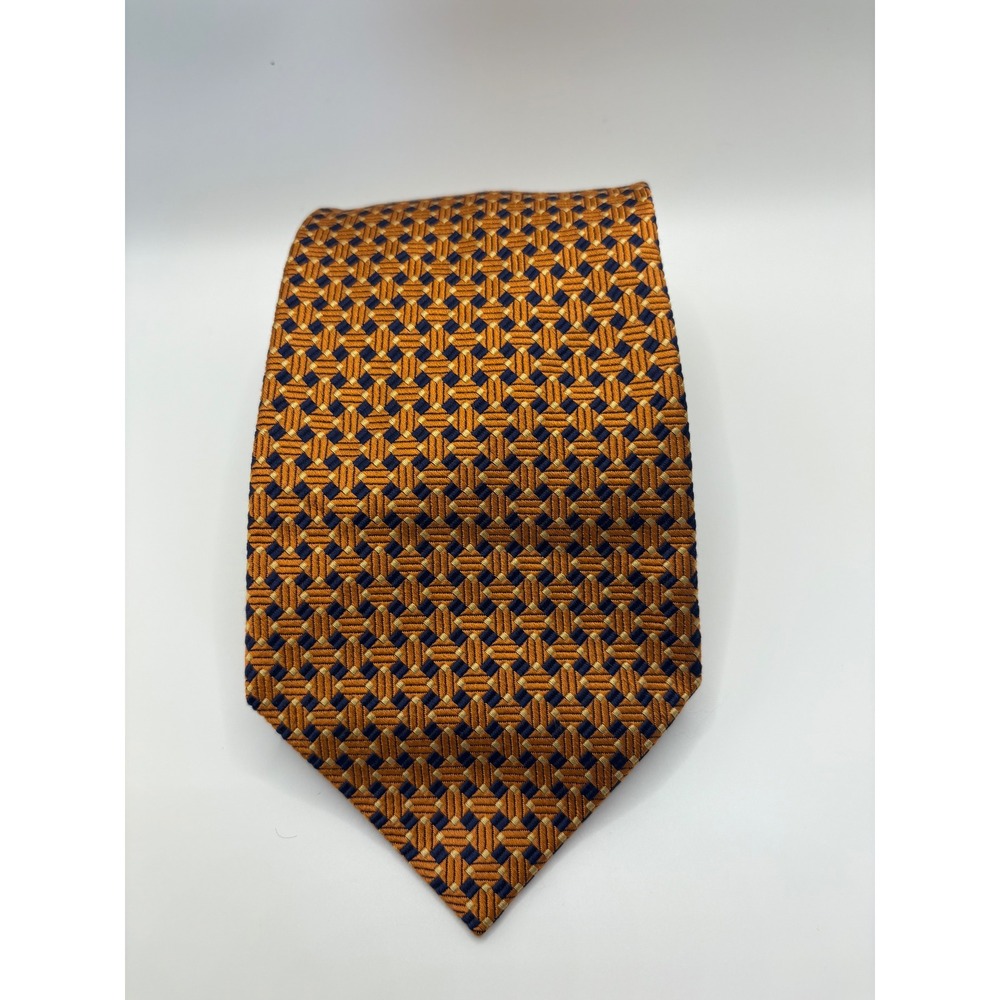 Nautica Mens Silk Necktie Orange Navy Blue Geometric Basketweave Pattern Tie